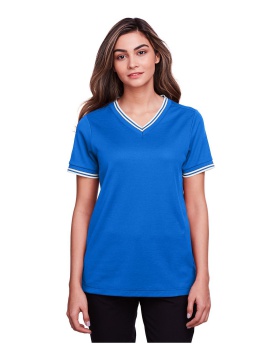 'Devon & Jones DG20CW Ladies Crownlux Performance Plaited Tipped V Neck Polo'