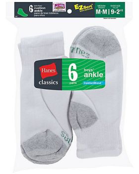 Hanes 362/6 Ultimate Boys' Ankle EZ Sort Socks 6-Pack (M-L)