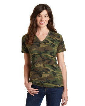 'Port & Company LPC54VC mpany  Ladies Core Cotton Camo V Neck Tee.'