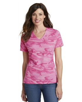 'Port & Company LPC54VC mpany  Ladies Core Cotton Camo V Neck Tee.'