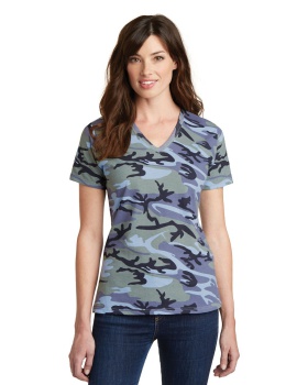 'Port & Company LPC54VC mpany  Ladies Core Cotton Camo V Neck Tee.'