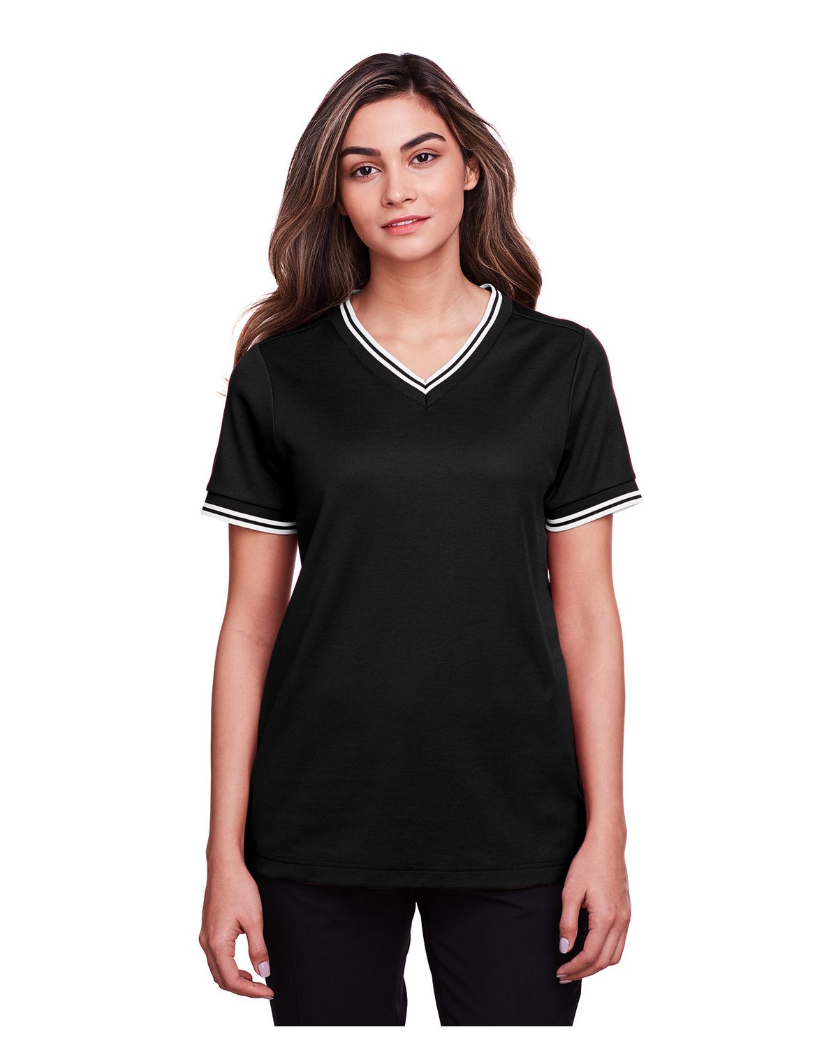 'Devon & Jones DG20CW Ladies Crownlux Performance Plaited Tipped V Neck Polo'