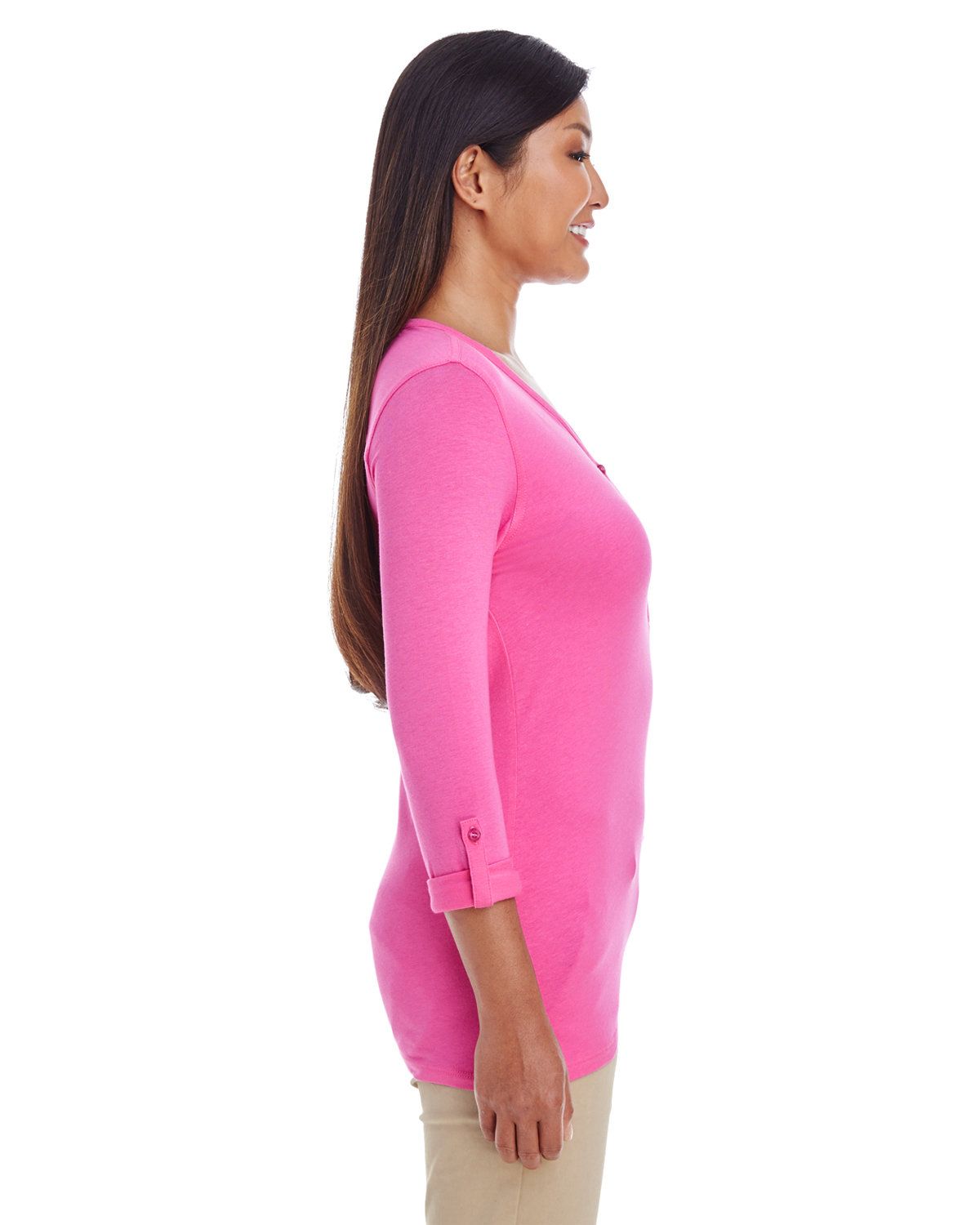 'Devon & Jones DP186W Ladies Perfect Fit Y-Placket Convertible Sleeve Knit Top'