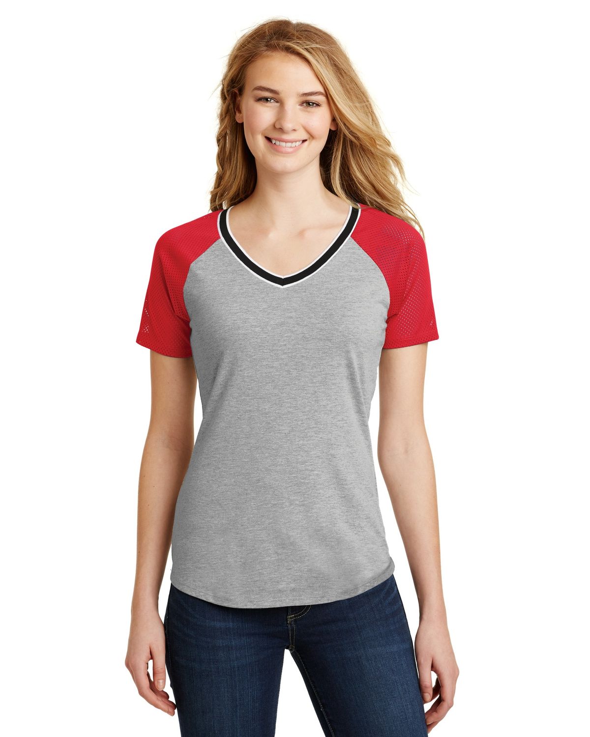 'District DT276 Women's Mesh Sleeve V Neck Tee'