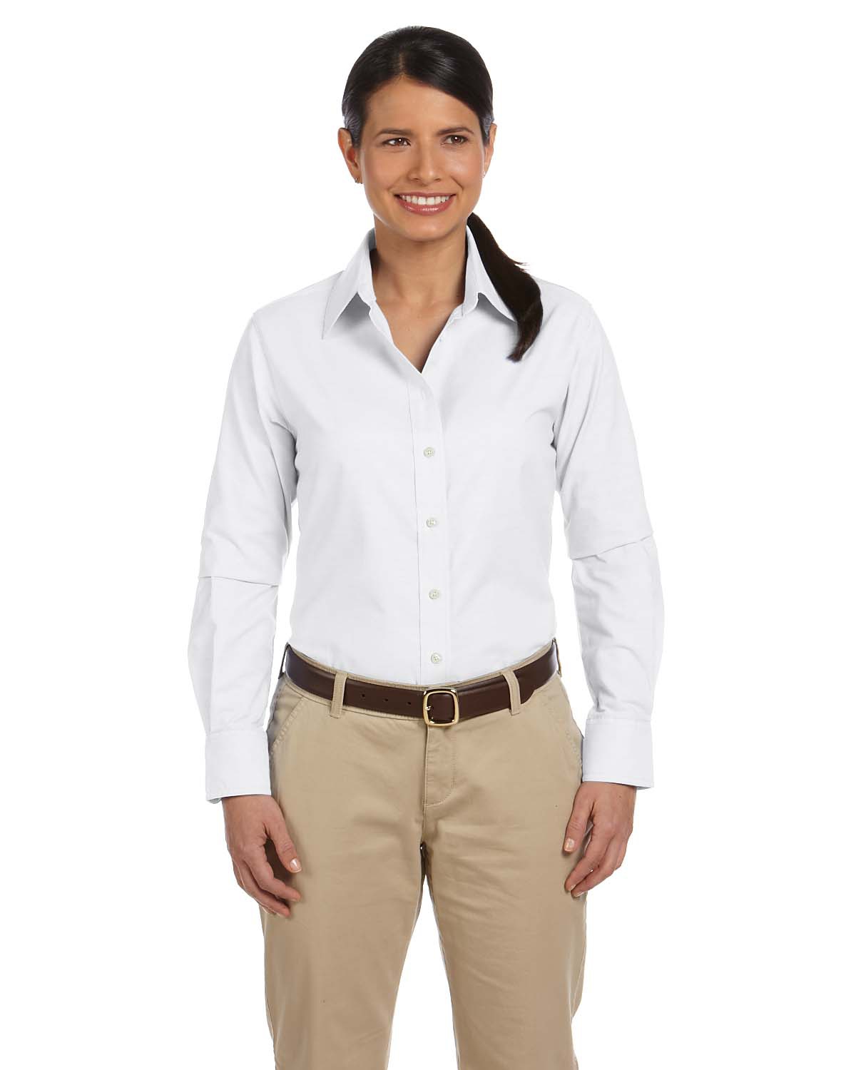 'Harriton M600W Ladies Long-Sleeve Oxford with Stain-Release'