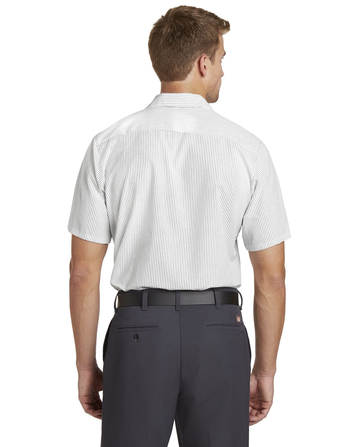 'Red Kap CS20LONG Long Size, Short Sleeve Striped Industrial Work Shirt.'