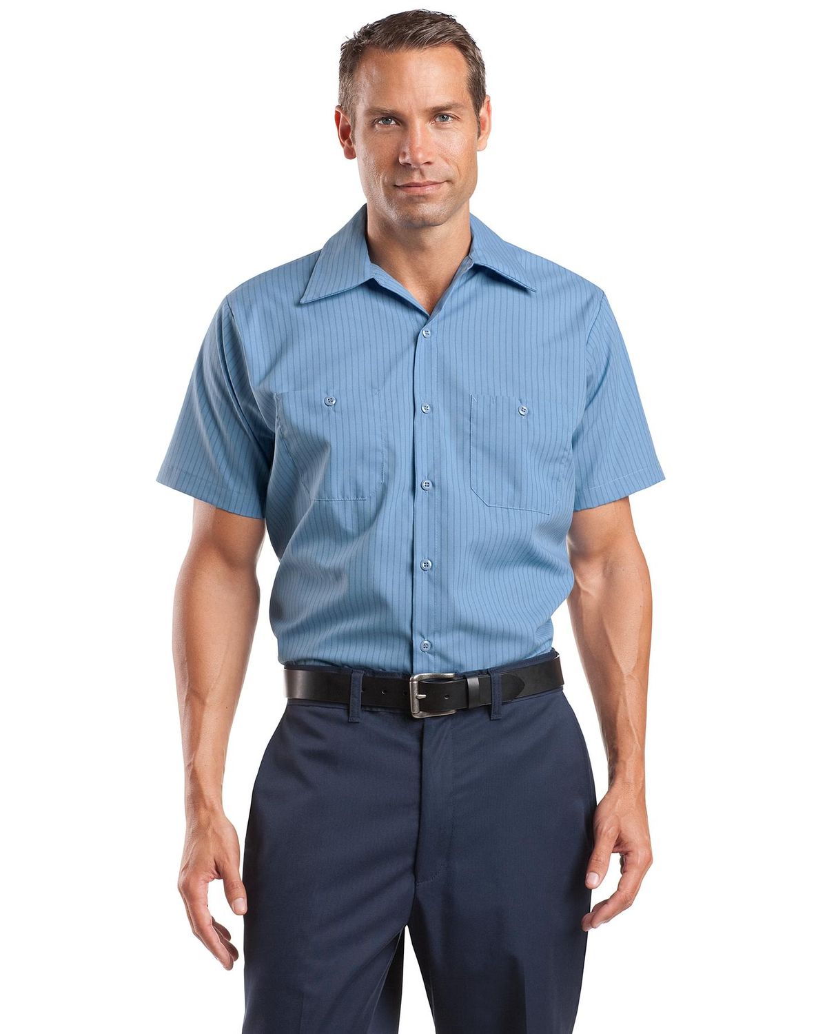 'Red Kap CS20LONG Long Size, Short Sleeve Striped Industrial Work Shirt.'