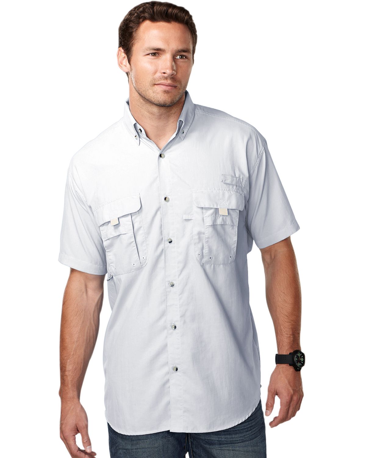 Men nylon shirt with UPF protection and ventilated back.