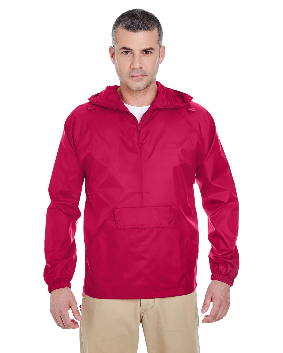 'UltraClub 8925 Adult Quarter-Zip Hooded Pullover Pack-Away Jacket'